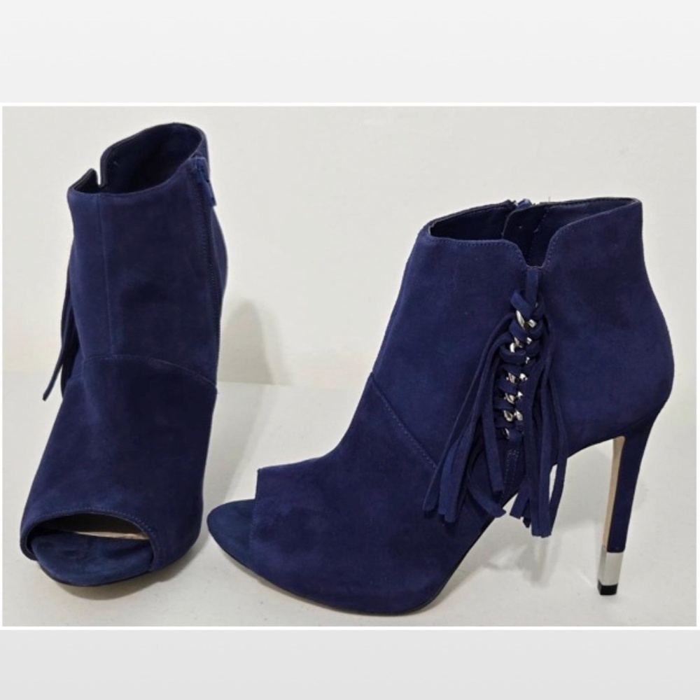 New Guess Heeled Ankle Boots Womens Size 10 Blue Leather Suede Silver Tassel NWT
